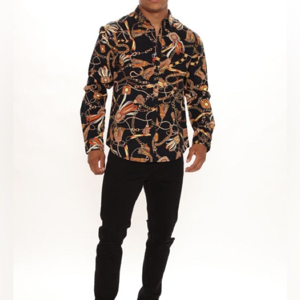 Fashion Nova Black and Gold Chain Print Shirt sz Large wedding guest date night